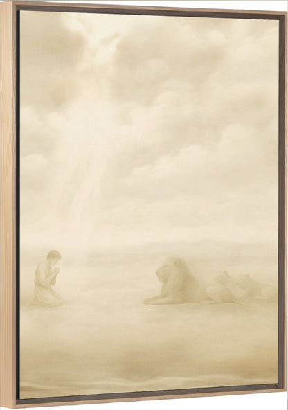 Daniel and the Lions Den Vertical Canvas with Light Wood Frame